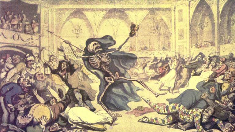A skeleton wearing a hooded cloak is dancing in the center of a room. People surrounding the skeleton are frightened or surprised. 