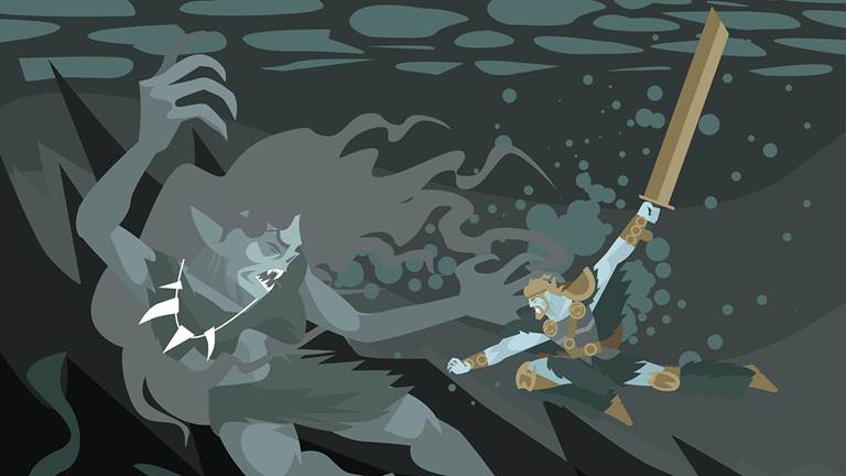 A graphic of beowulf fighting the mother of Grendel. underwater.