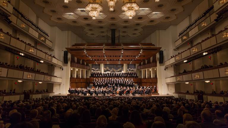 The National Symphony Orchestra on the stage of the Concert Hall at the John F. Kennedy Center for the Performing Arts